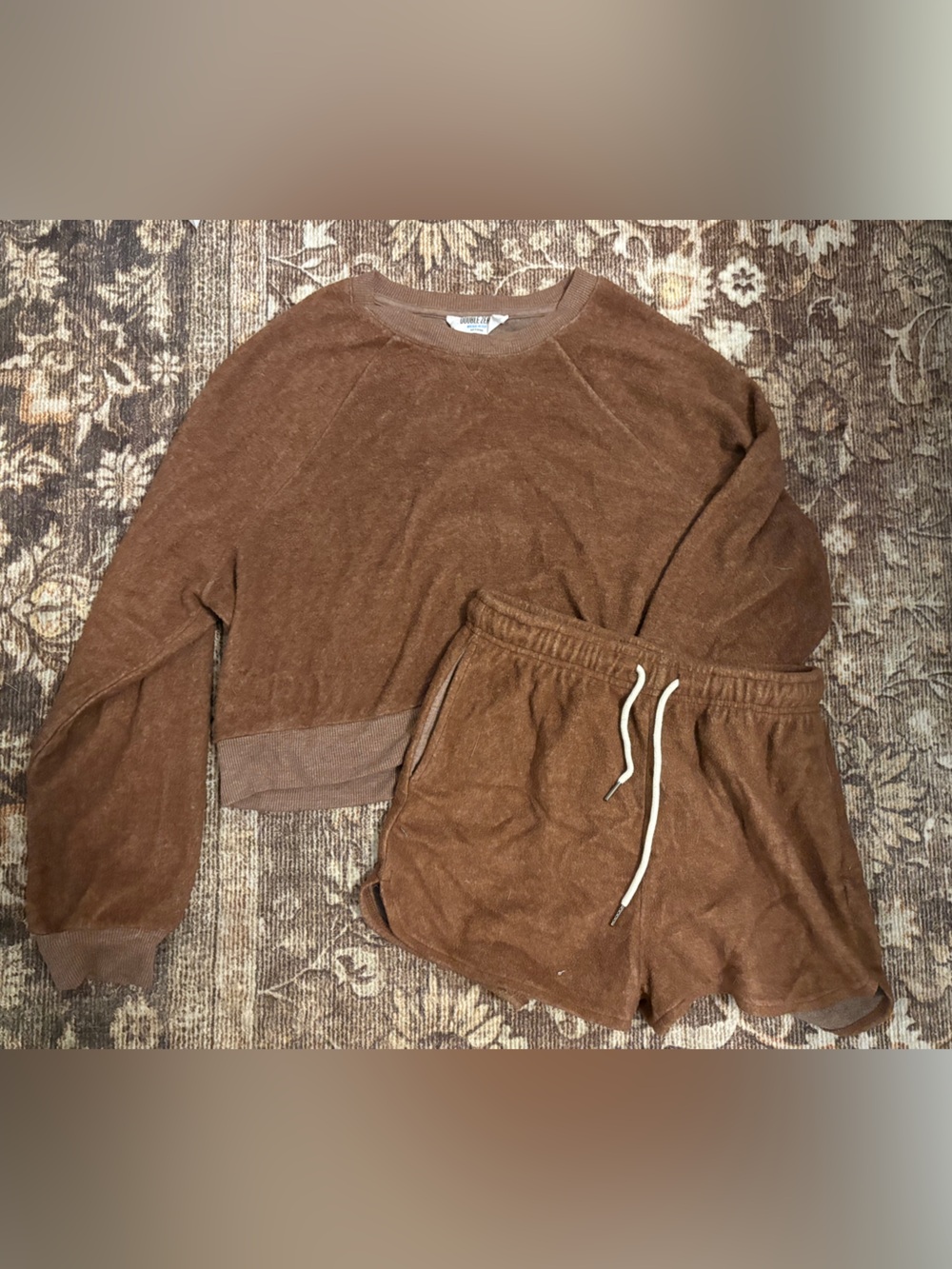 Double Zero Brown Terry Loungewear Set with White Drawstring